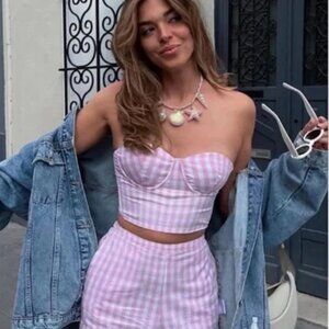 ✨NWT✨ ZARA + BARBIE Limited Edition| Pink Gingham Bustier Top Sz 36B - C